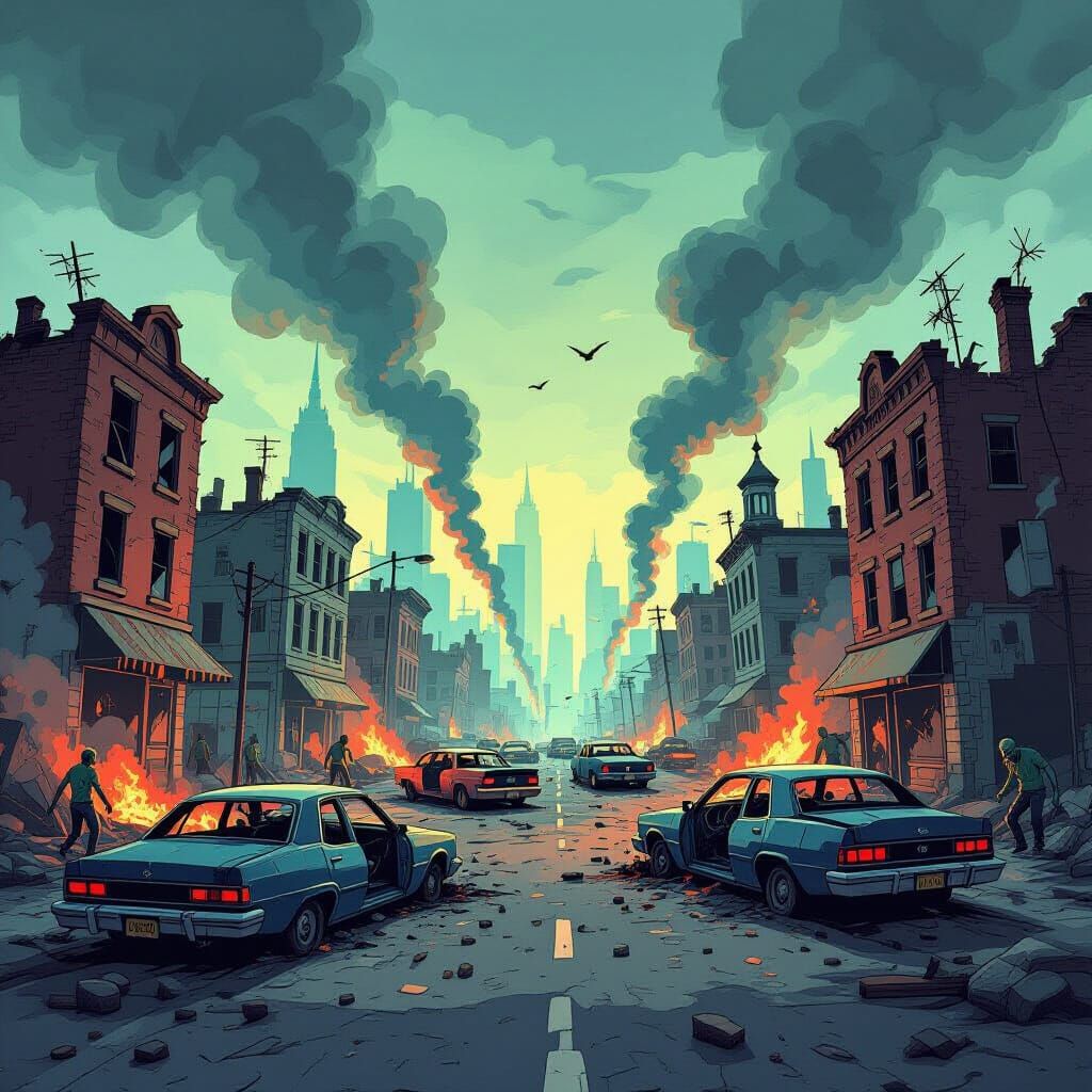 Chaotic Zombie Street Scene in Gritty Cartoon Style