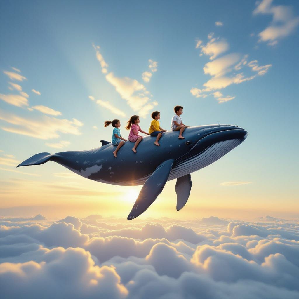 Whale Carries Children Through Sky Symbolizing Kindness