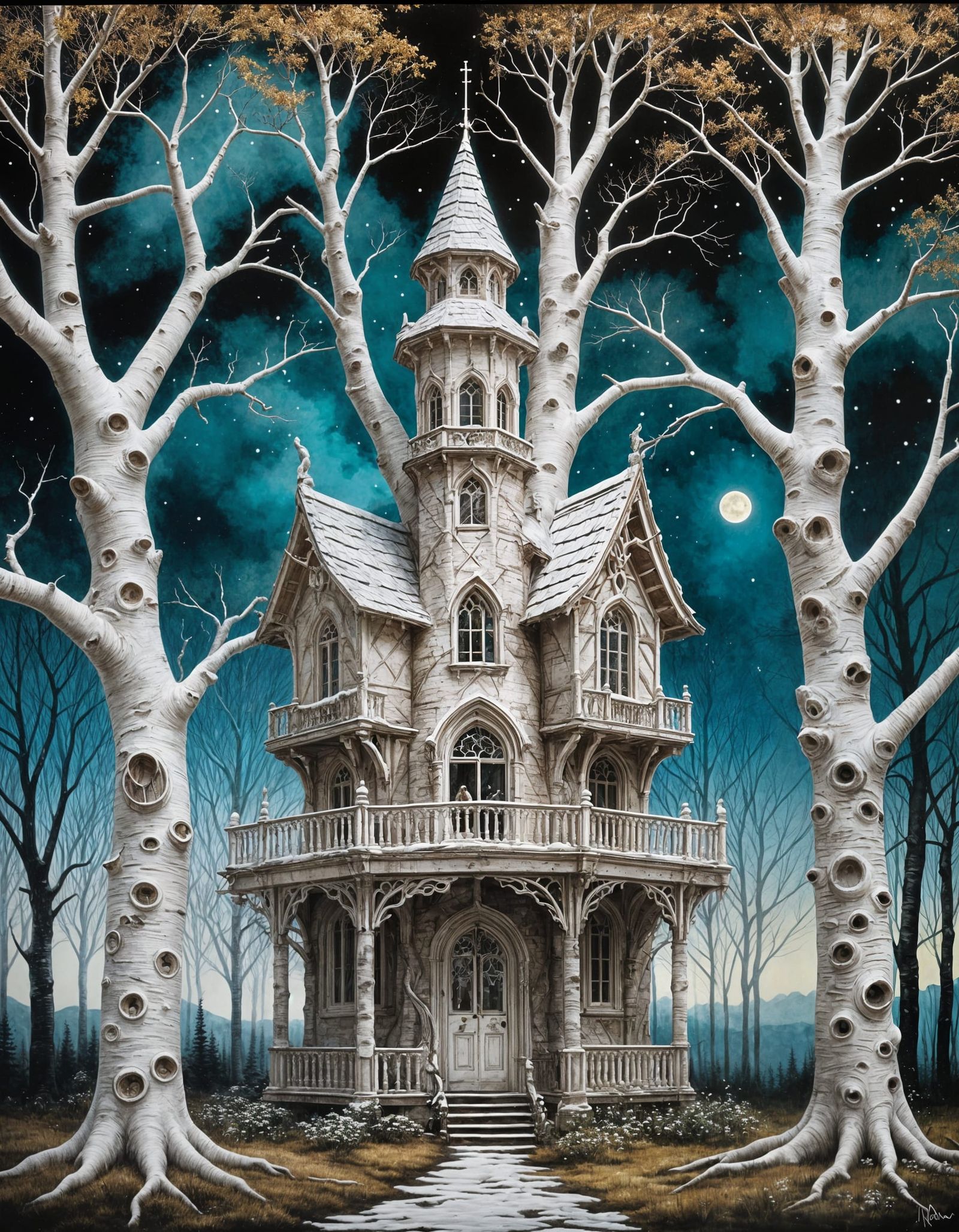 Gothic Birch Treehouse in a Winter Forest