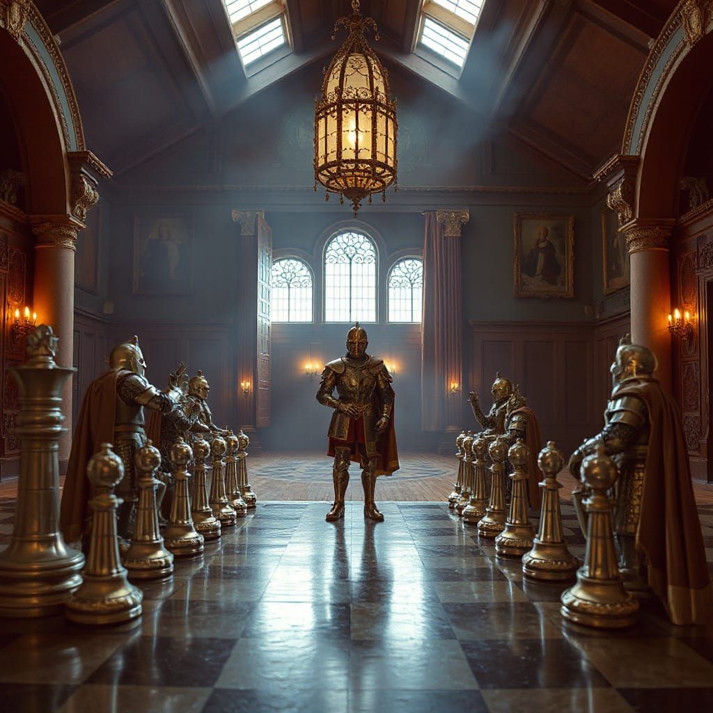 Life-Sized Chess Game in a Futuristic Hall