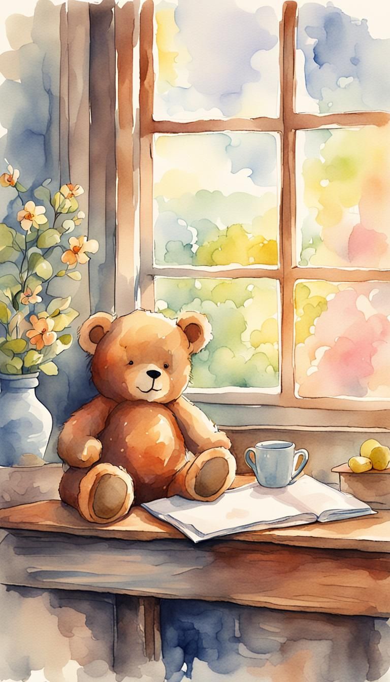 Watercolor Teddy Bear Sleeping in Cozy Room