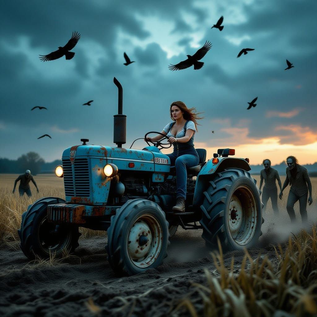 Farmer Woman Rides Rusty Tractor Amidst Gothic Horror Scene