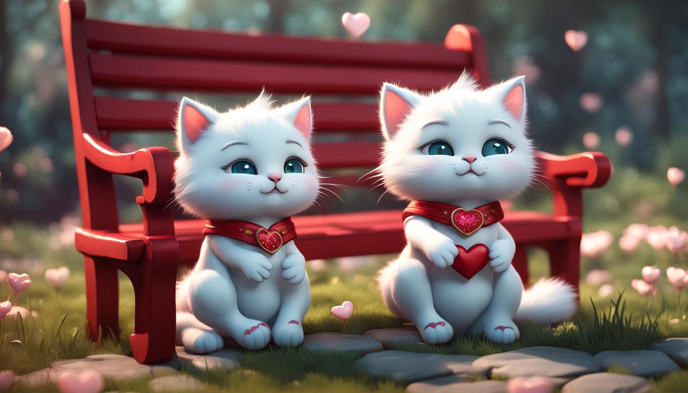 two fluffy white baby chibi cats hearts valentine pajamas costume spring day on red bench ethereal fantasy hyperdetailed...