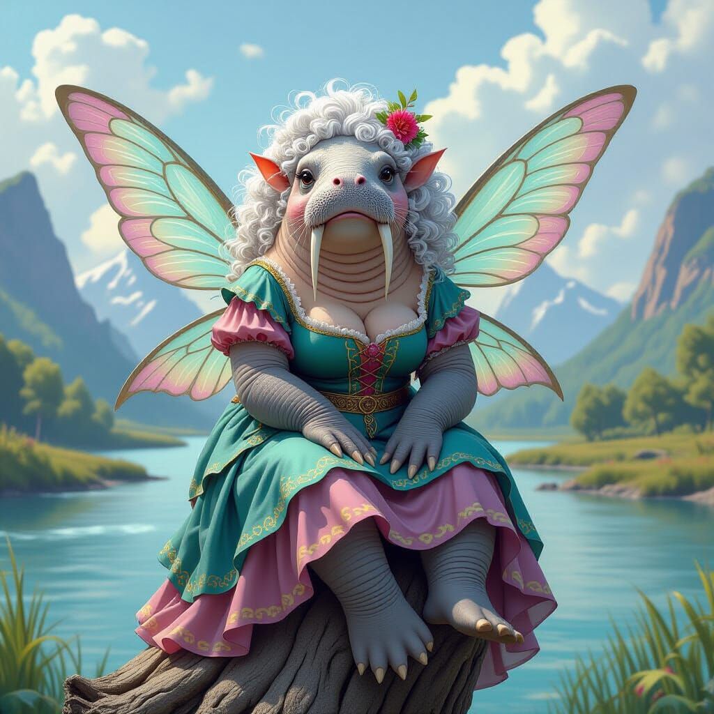 Quaint Walrus Fairy in Modern Dress, Metallic Drawing