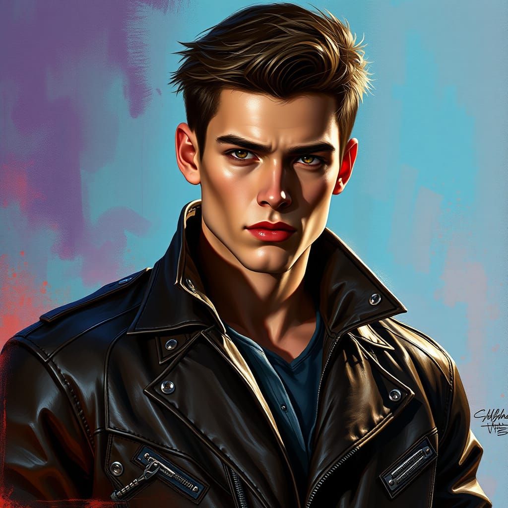 Mysterious Young Man in Vibrant Cyberpunk Landscape