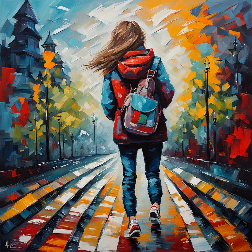 Surreal Woman with Dog in Acrylic Palette Knife