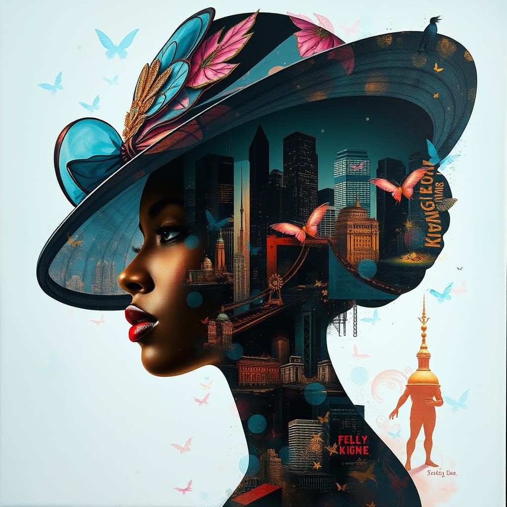 Elegant Woman's Portrait Revealing Dreamlike Cityscape