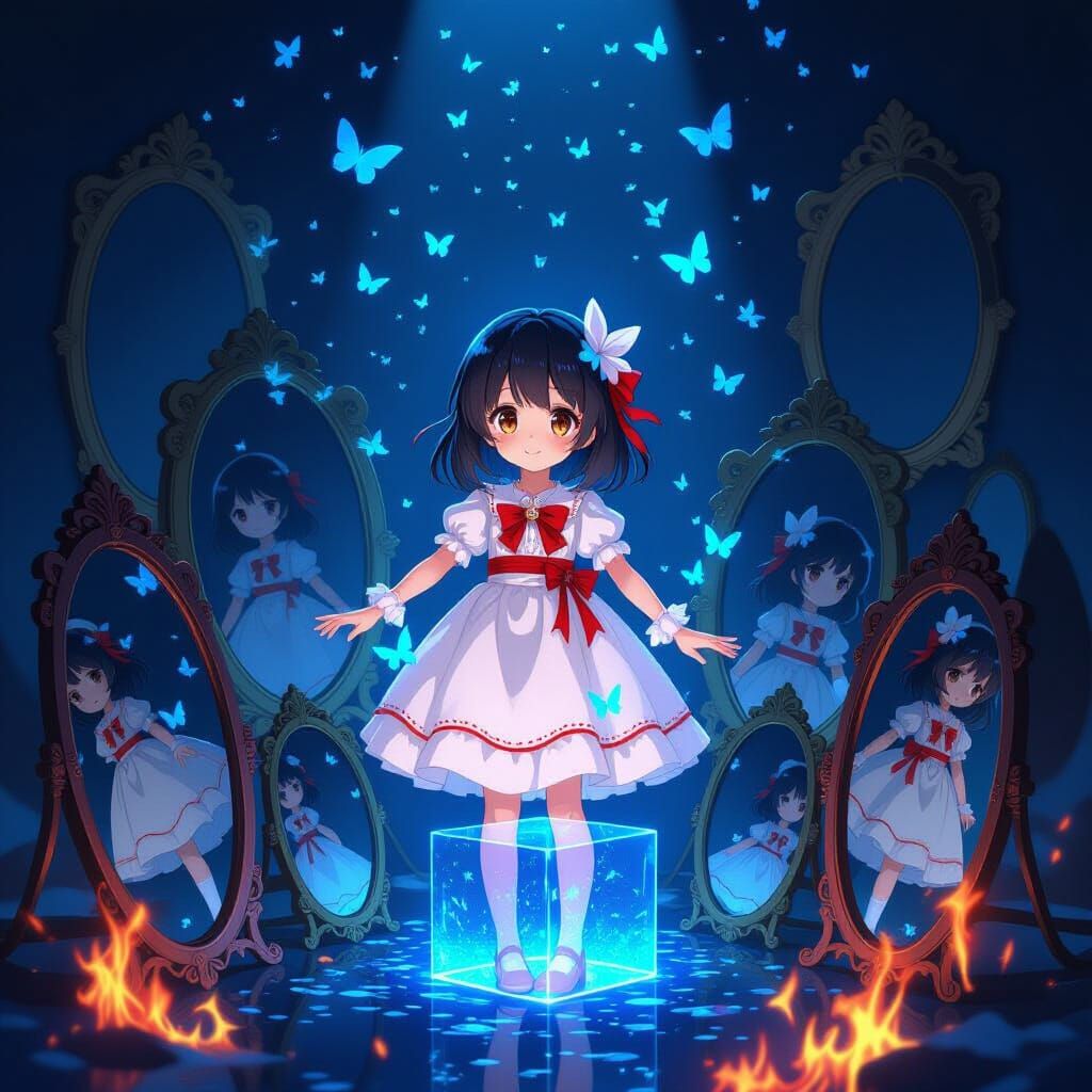 Anime Girl Surrounded by Butterflies and Mirrors