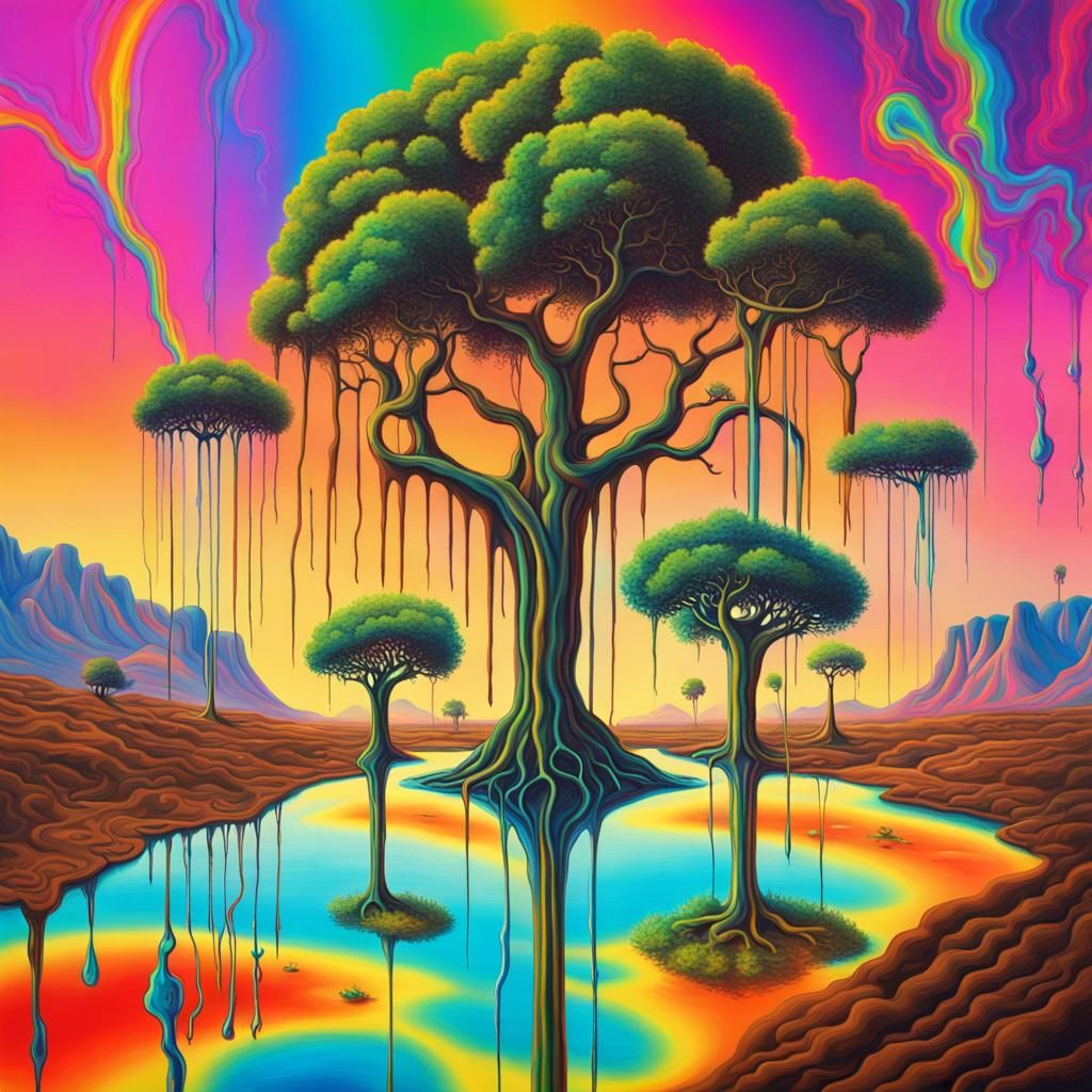 Surreal Rainbow Acacia Trees in Melting Oil Paint