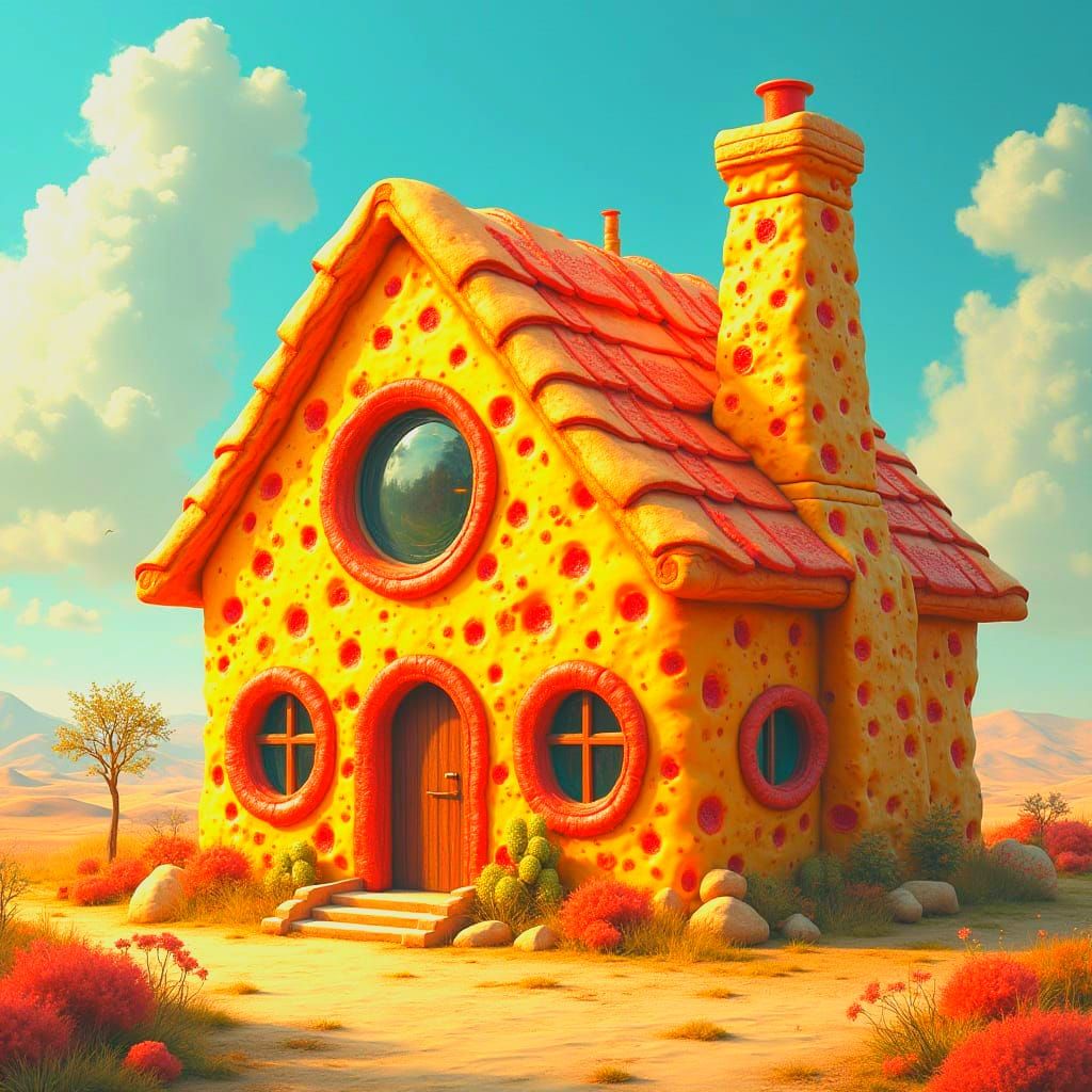 Pizza House in Whimsical Future, Hyperrealistic Rendering