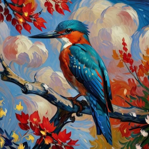 Impressionist Kingfisher Against an Autumn Sky
