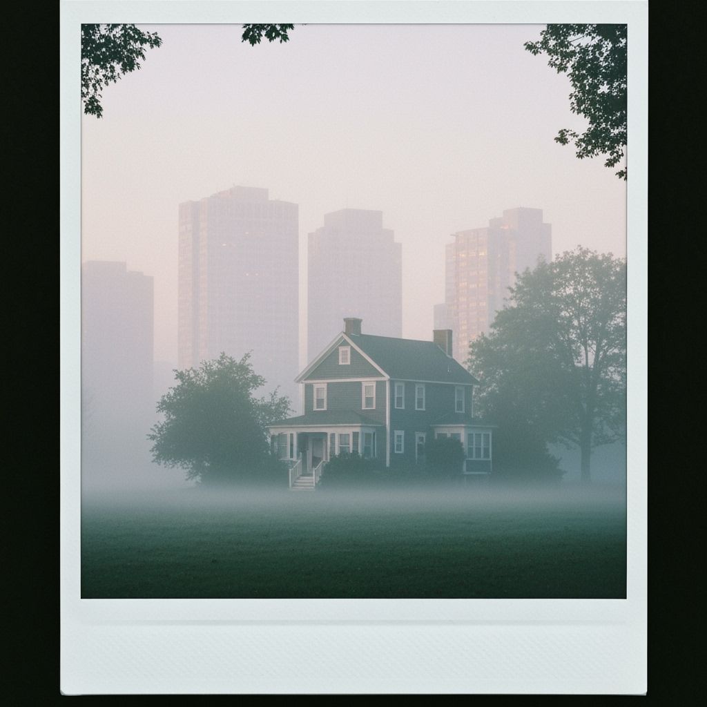 Misty Morning City House in Polaroid Style