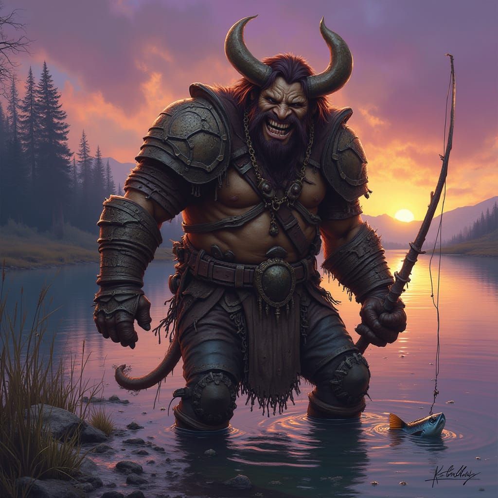 Tauren Warrior Fishing at Sunset, Fantasy Art