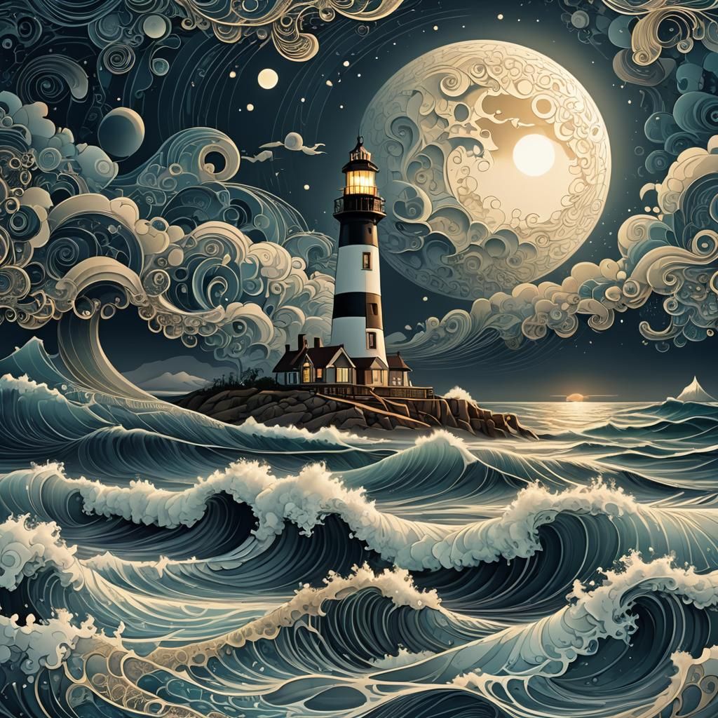 Lighthouse Under Moon: Abstract Vector Fractal Art