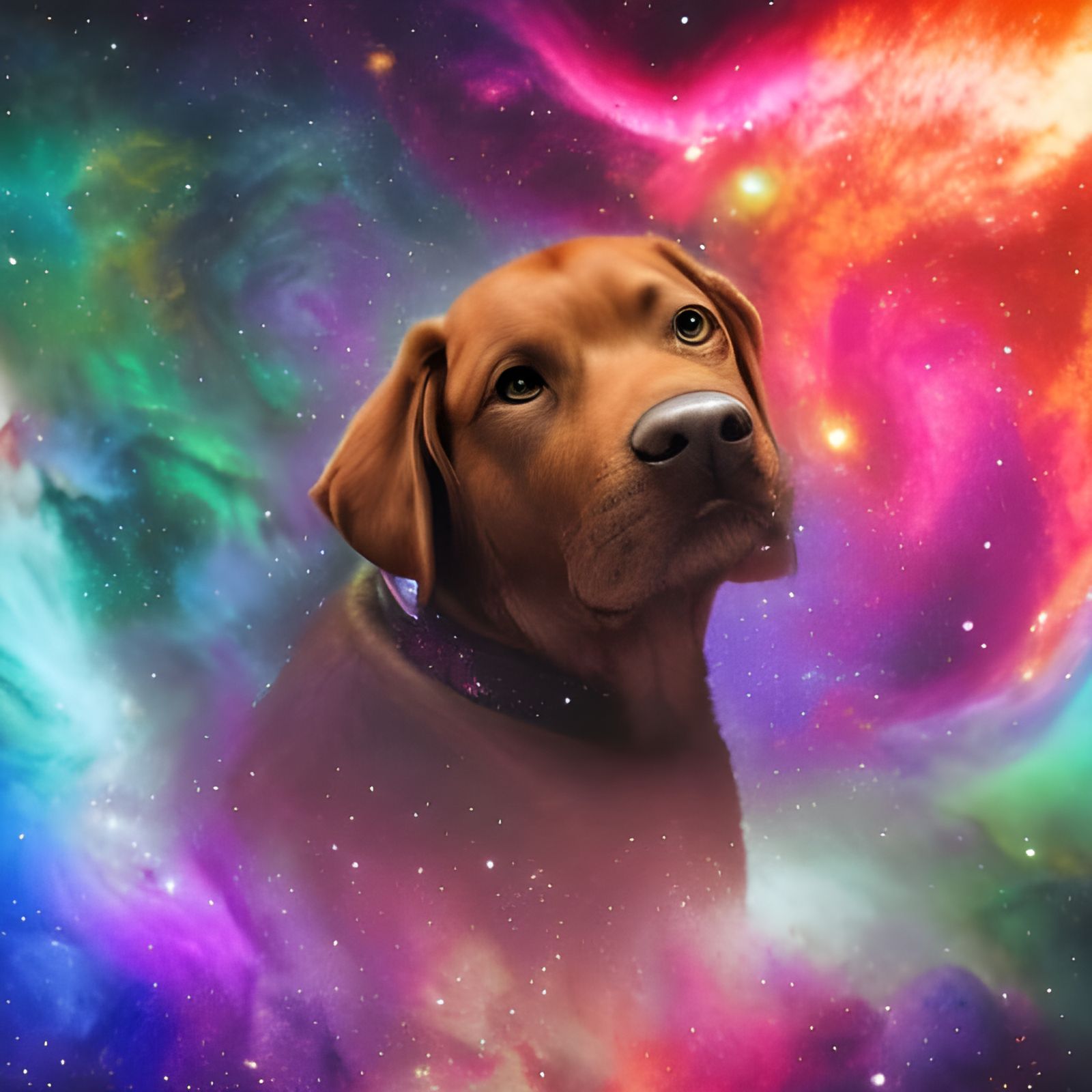 Lab Chow Mix in Space with Rainbow Nebula