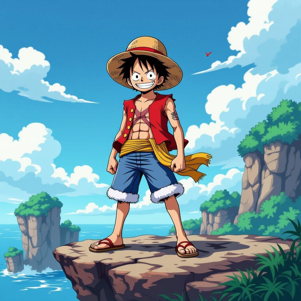 Monkey D. Luffy Anime-Style on Rocky Cliff