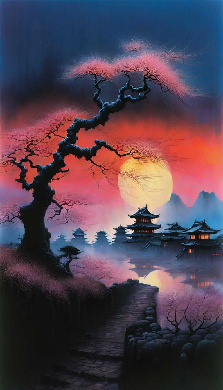 Surrealist Japanese Village Landscape with Sakura Trees