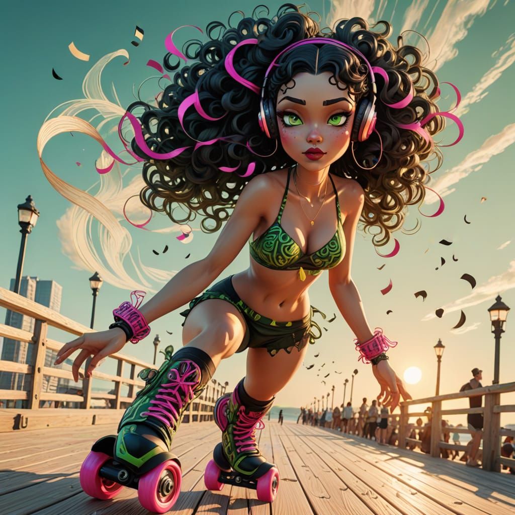 Sultry Beach Rollerblader in Cyberpunk Style