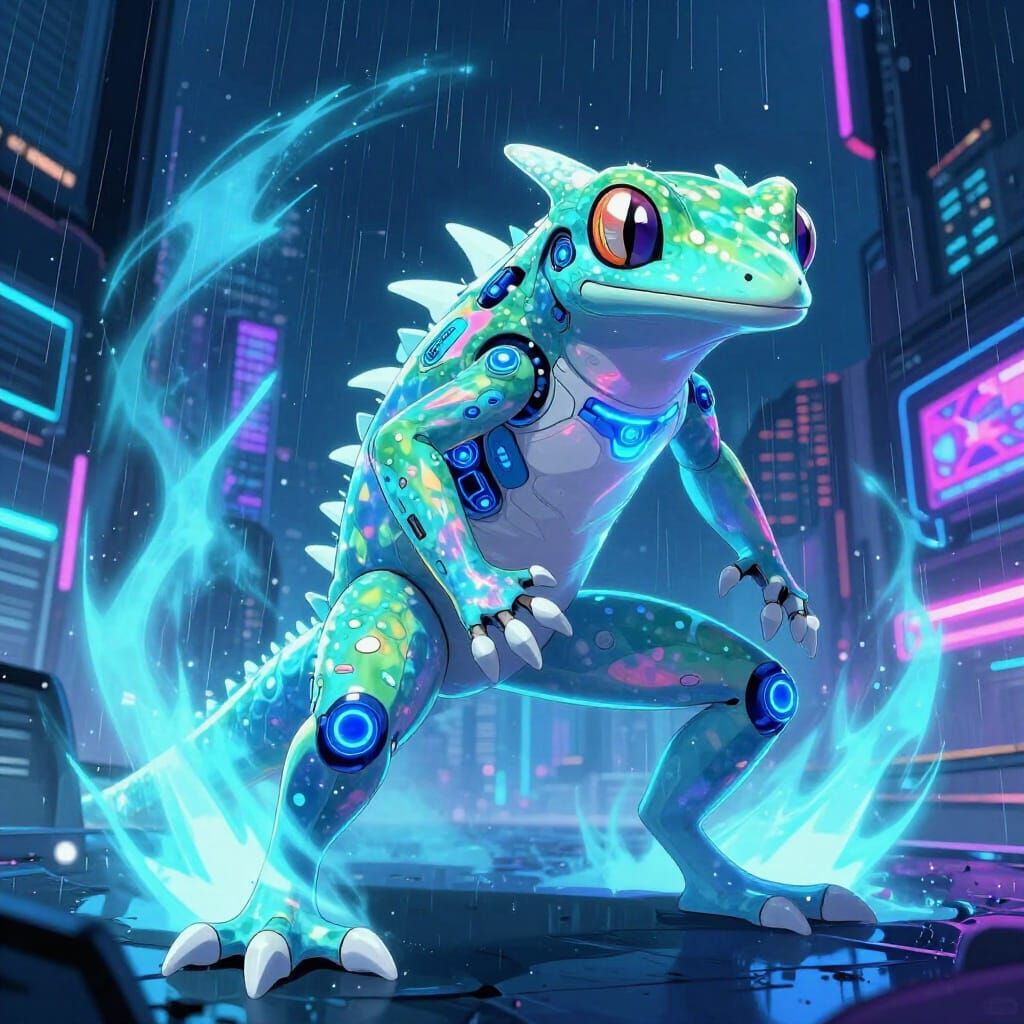 Futuristic Cyberpunk Gecko Pokemon with Neon Cityscape