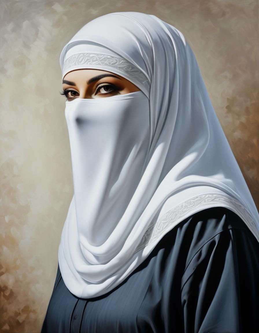 Portrait of a Young Woman in White Niqab: Oil Painting