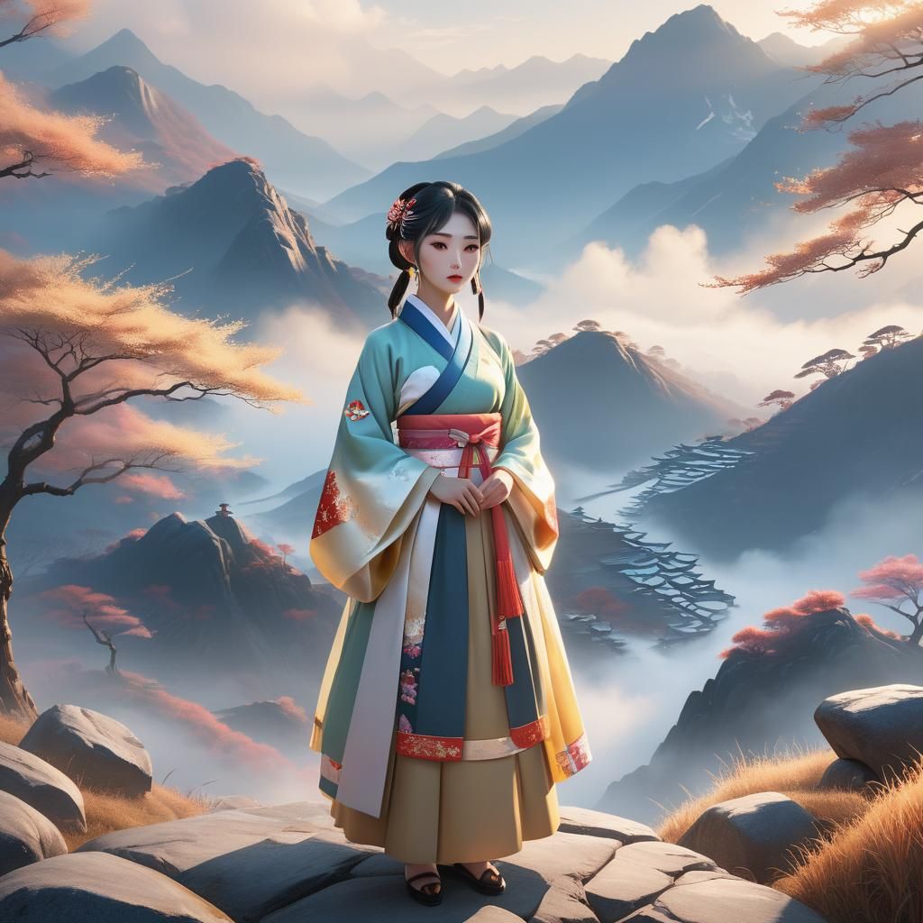 North Korean Girl in Misty Landscape: 3D Anime Art