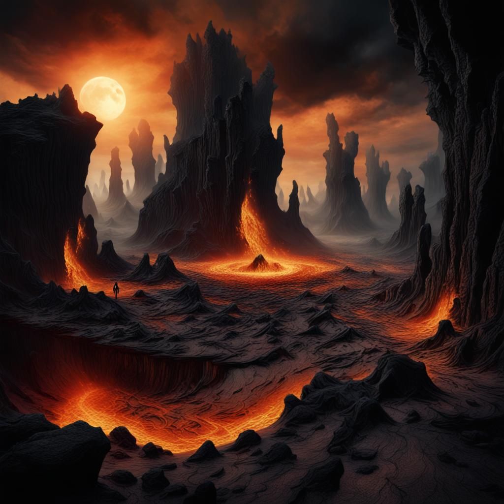 Ominous Black Sun Over Hellish Landscape: Dark Fantasy Art