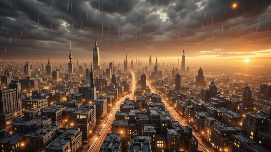 Ethereal Cityscape at Twilight: Hyperdetailed Urban Scene