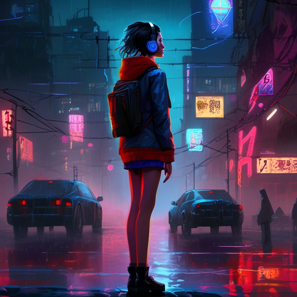 Cyberpunk Girl Observes Neon Cityscape at Night