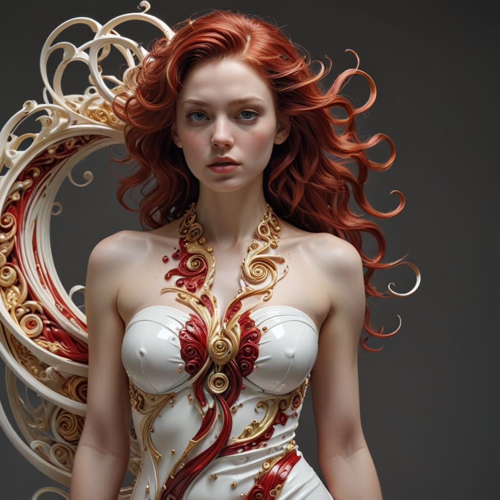 Hyperrealistic Sculpture of Reflected Glory in Red and Gold