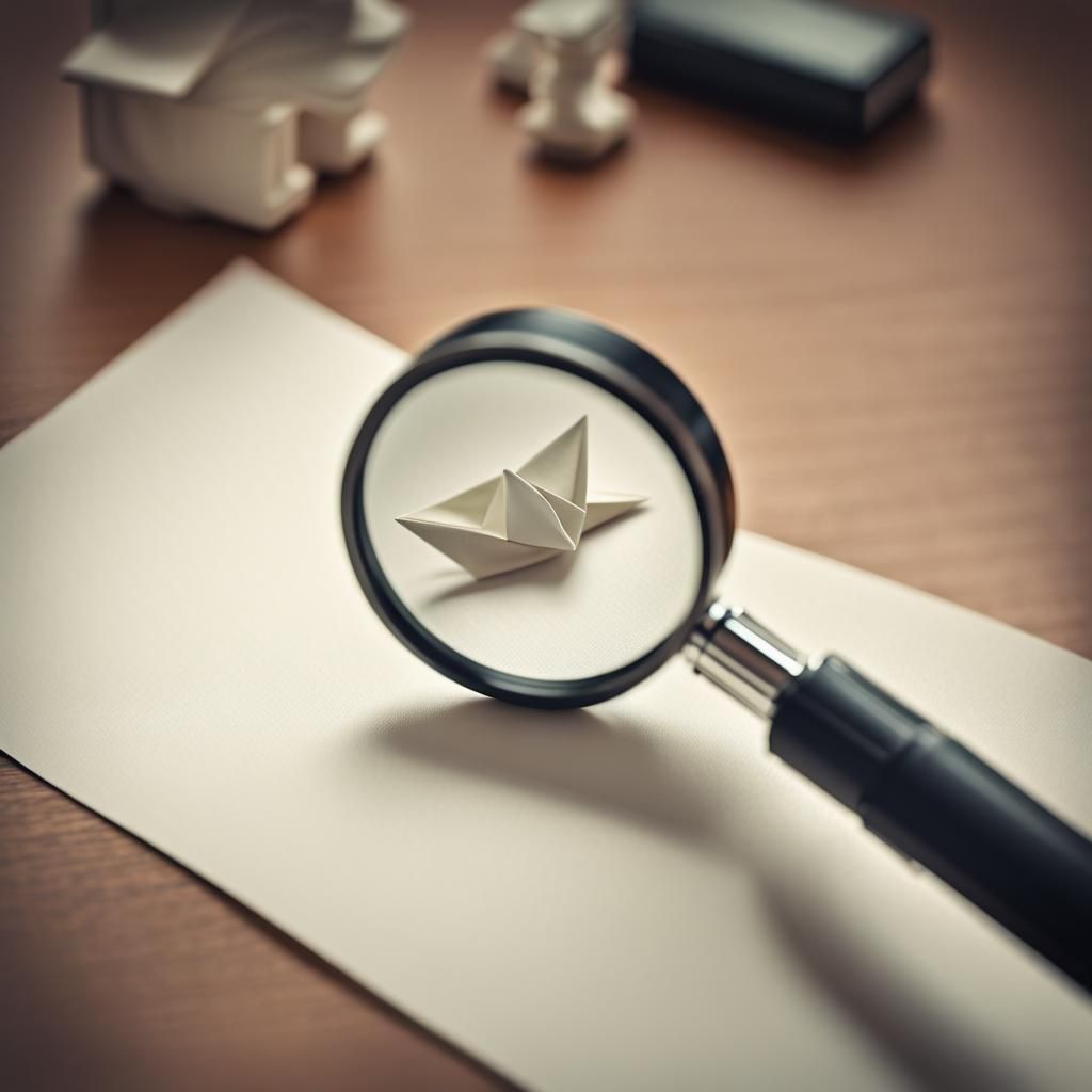 Magnifying Glass Inspects Origami Paper Note