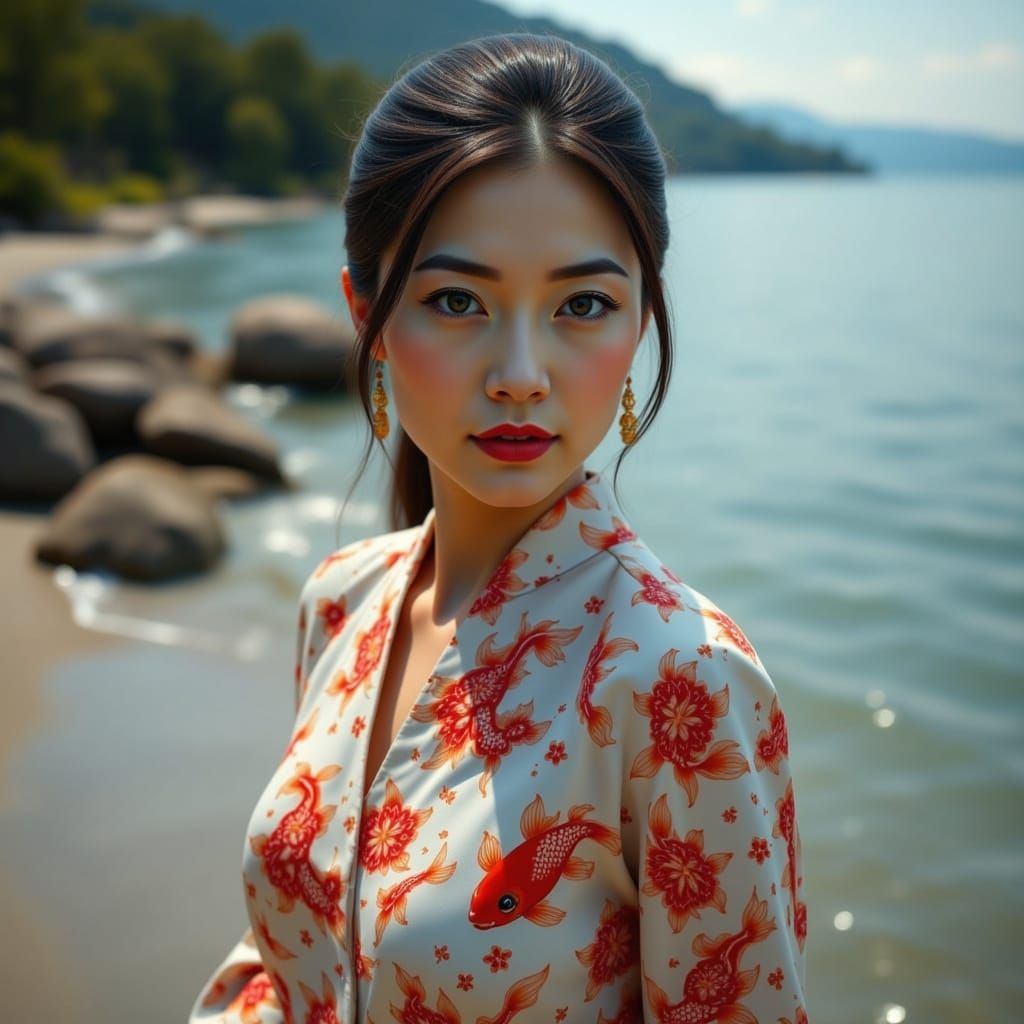Woman with Koi and Lotus Tattoos on Beach