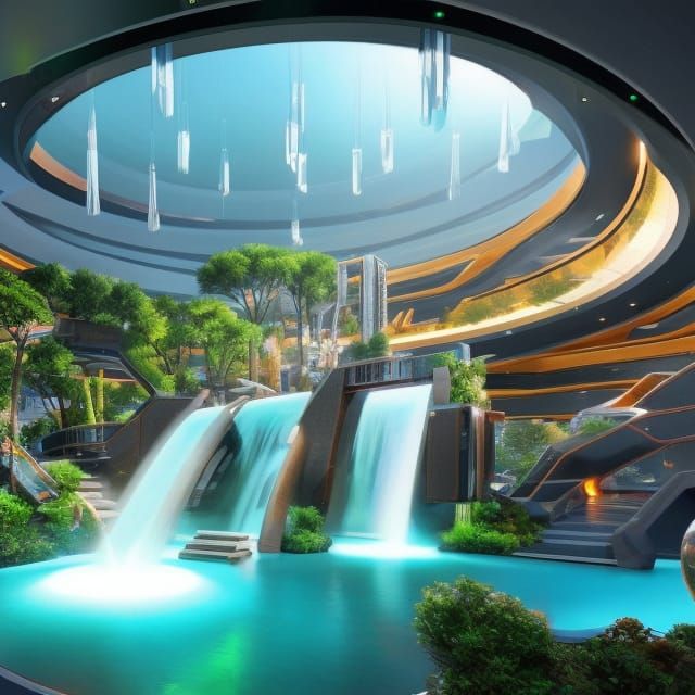 Luxury Space Station: Antigravity Waterfall Garden
