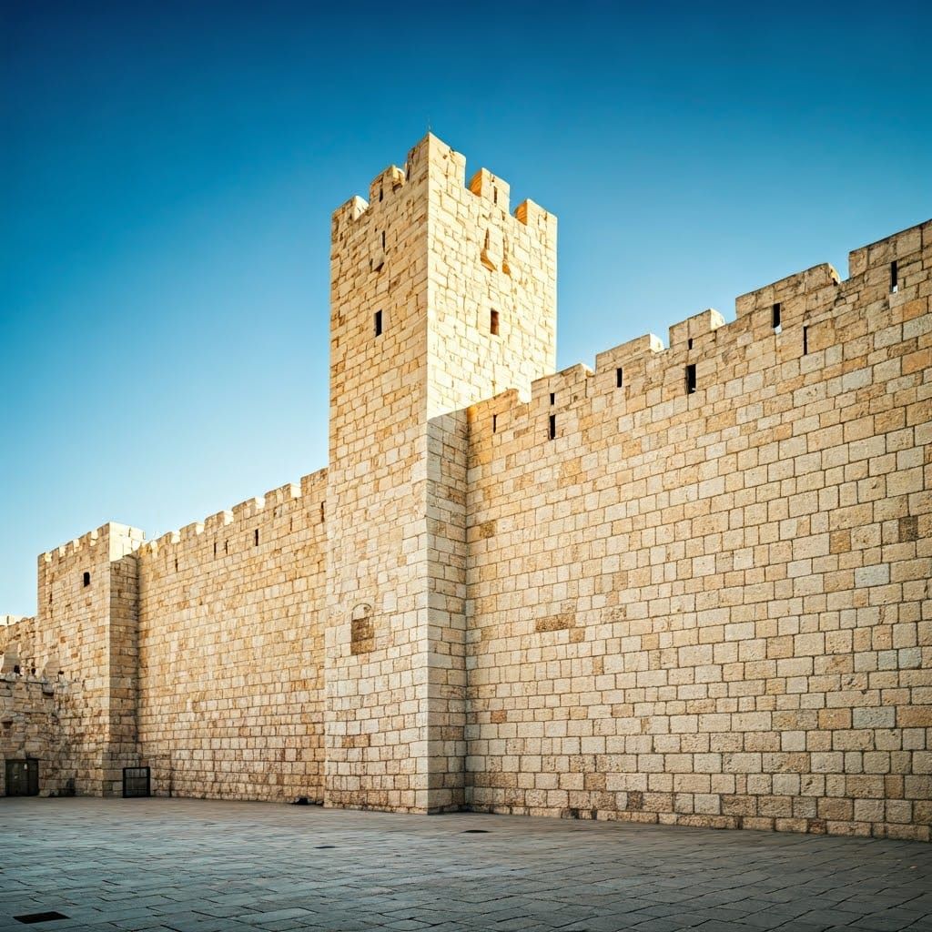 a high wall with tall tower with windows, thom wasselmann, a...