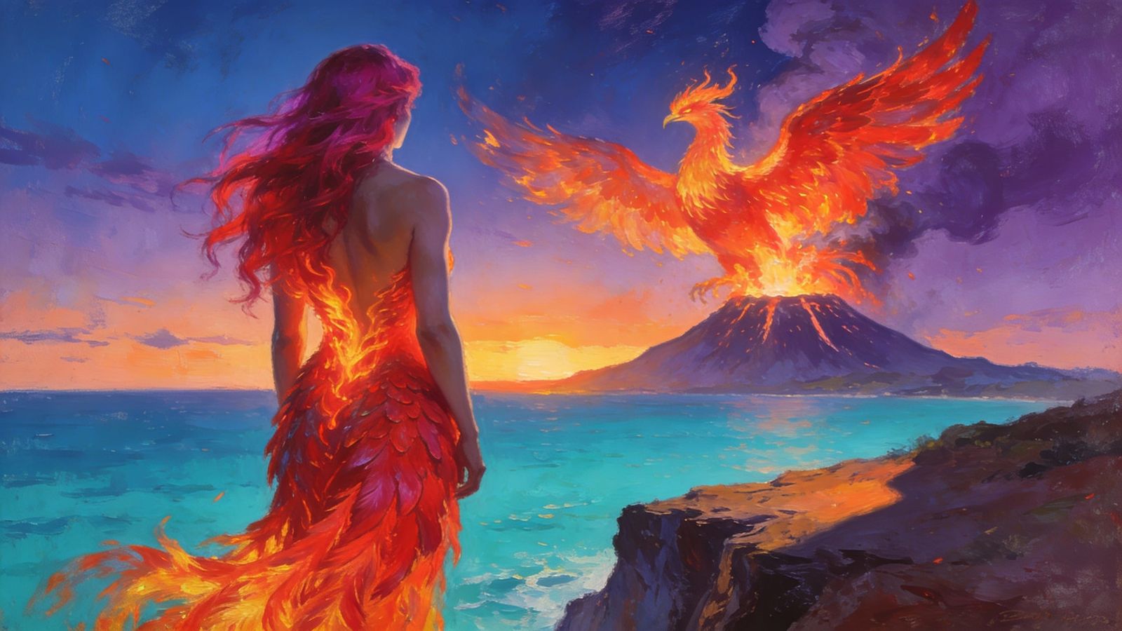 Phoenix Woman on Cliff Overlooking Sea