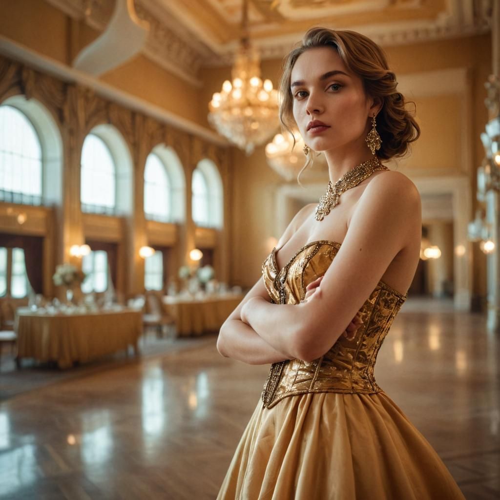Elegant Lady in Golden Corset Dress, Luxury Fashion