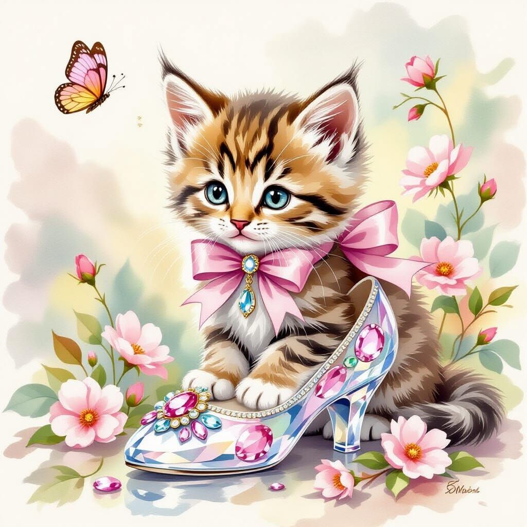 Kitten in Crystal Slipper: Whimsical Watercolor Art