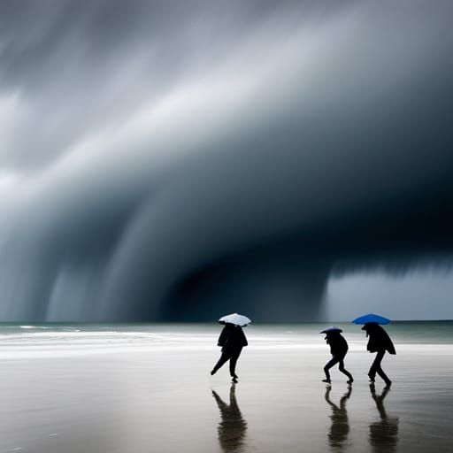Tornado Rages on White Beach with People Walking