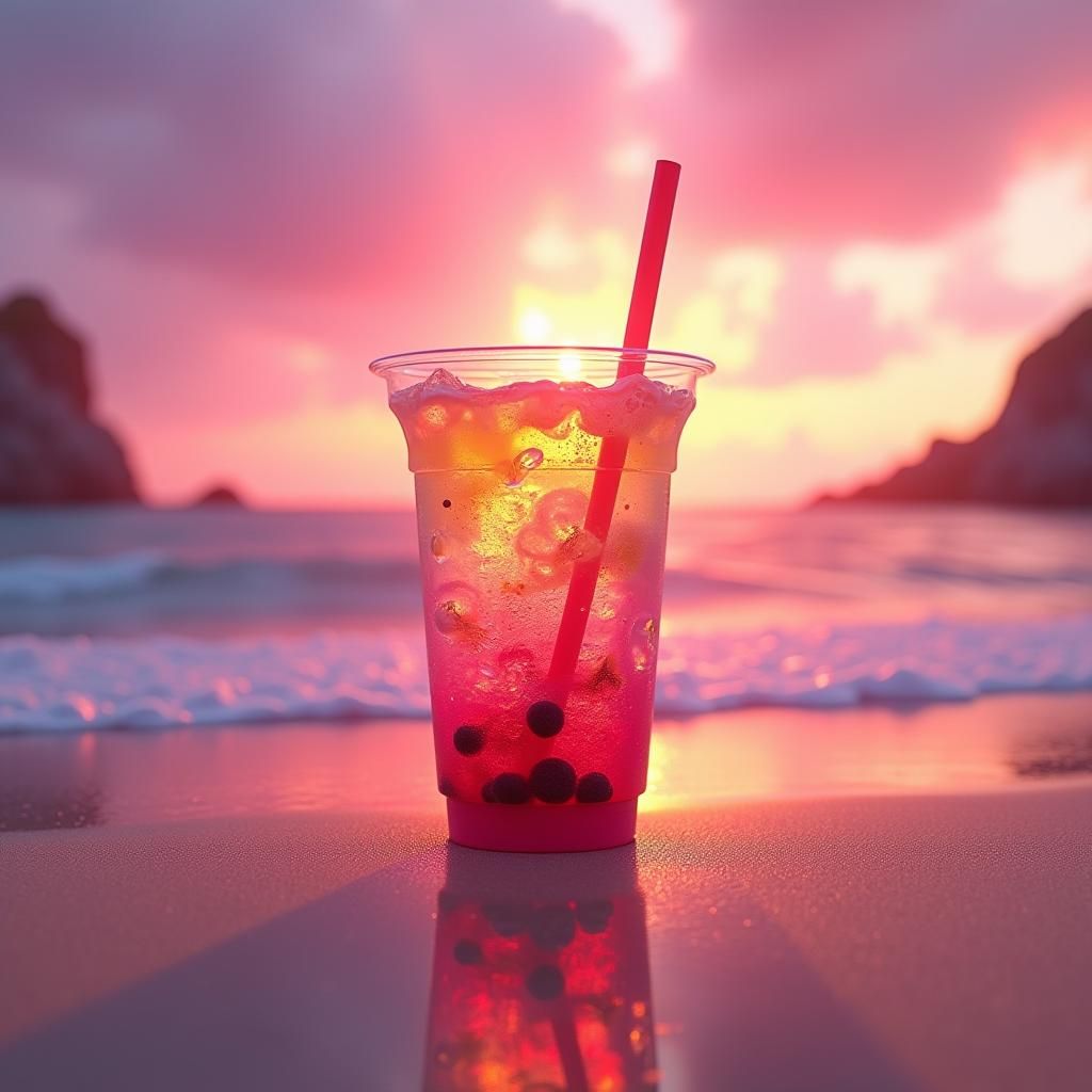 Reflective Boba Drink at Sunset Beach: 3D Digital Art