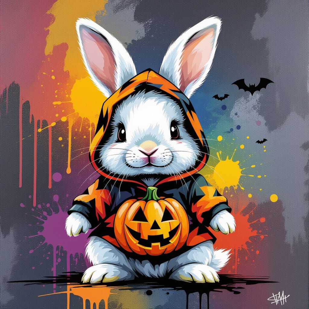 Cute Rabbit Puppy in Halloween Costume Graffiti Art