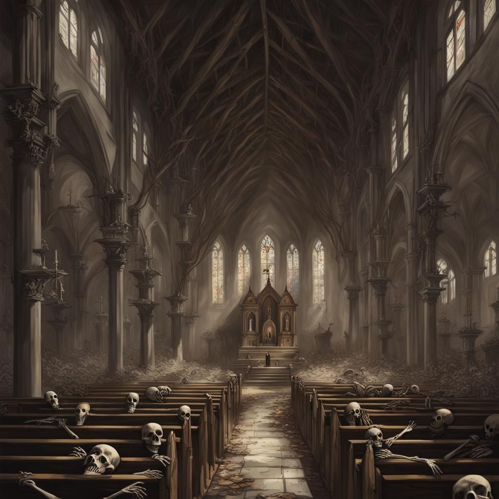 Sinister Church Interior with Skeletons in Gothic Style