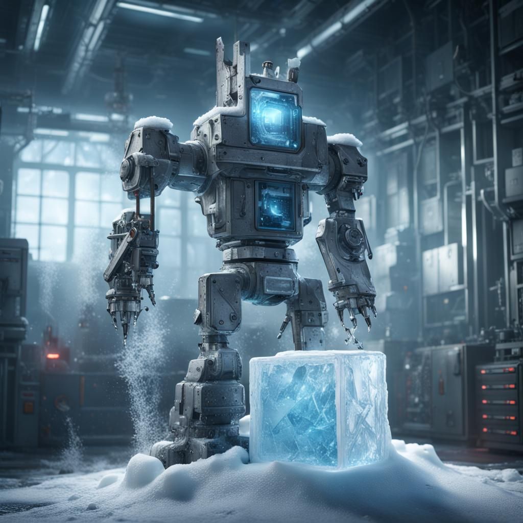 Robot Attacks Frozen Computer: Detailed Matte Painting