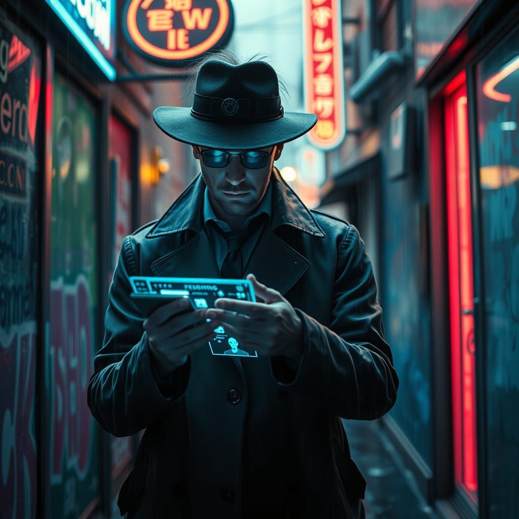 Cyberpunk Detective Investigates Crime Scene in Rainy Alley