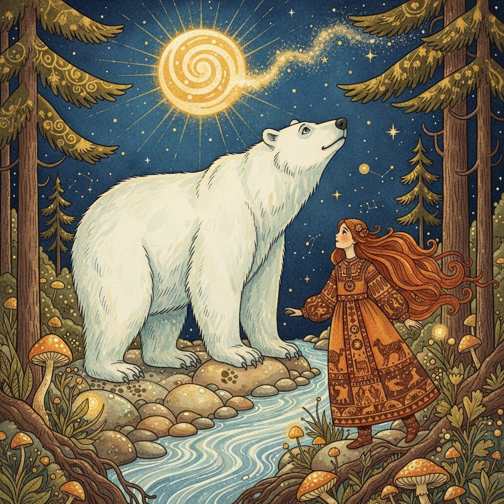 Whimsical Polar Bear and Girl Under Golden Moon