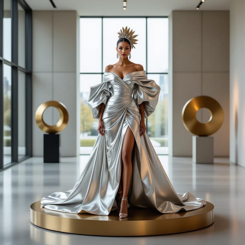 Haute Couture Model on Bronze Platform in Modern Gallery