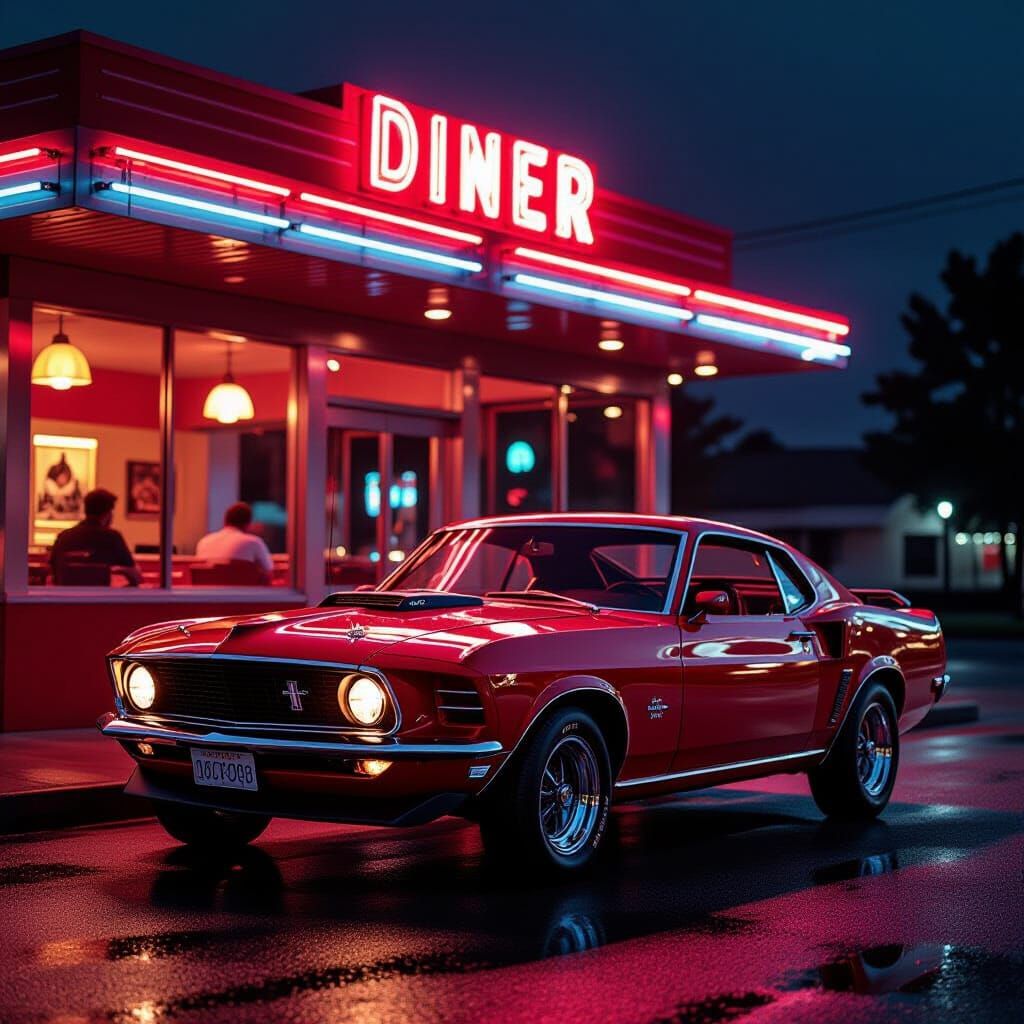 1969 Muscle Car at Neon Diner at Night