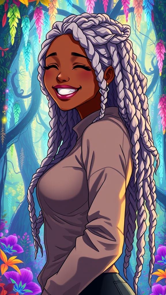 Anime Lady Laughing in Magical Forest