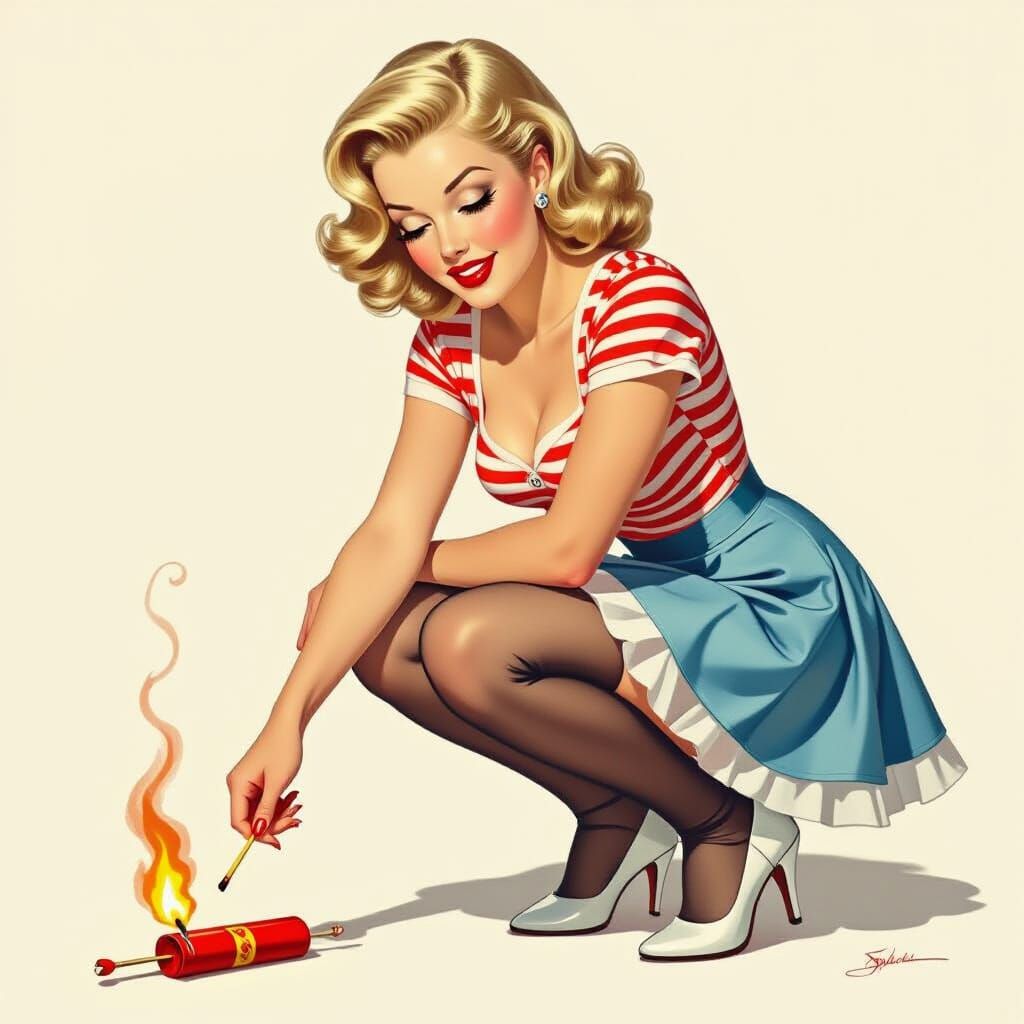 Pin-Up Girl Lights Firecracker in Vintage Illustration