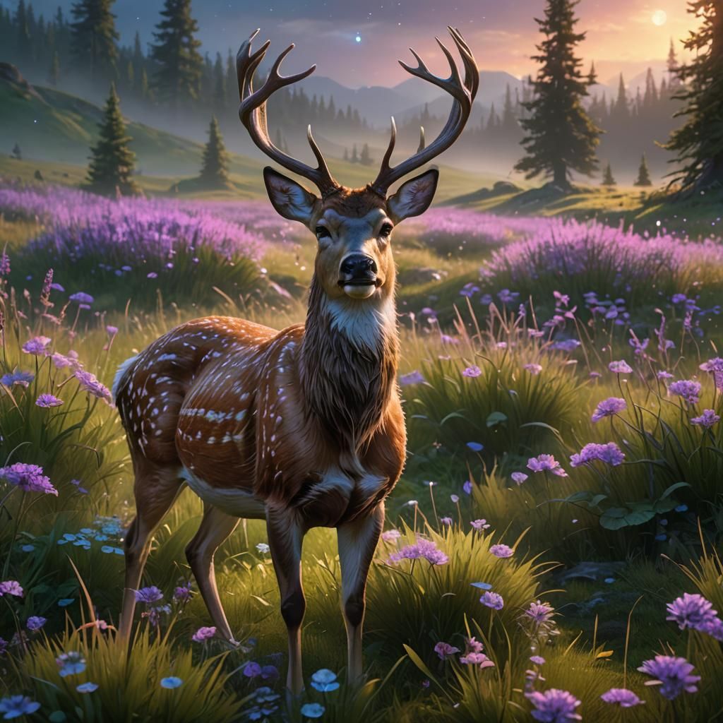 Victorious Deer with Mullet in Lush Meadow