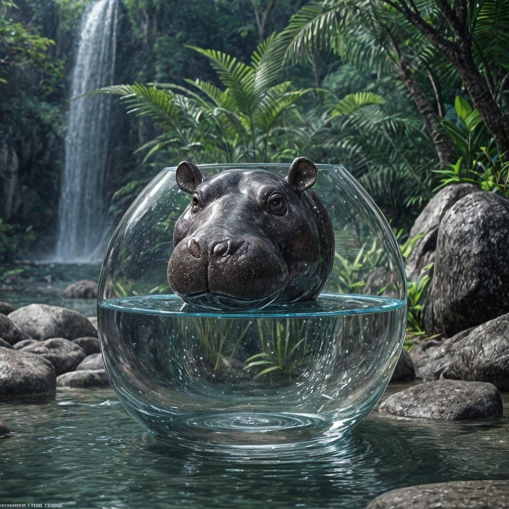 Hippo Glass Vase on Waterfall Island: Anime Art
