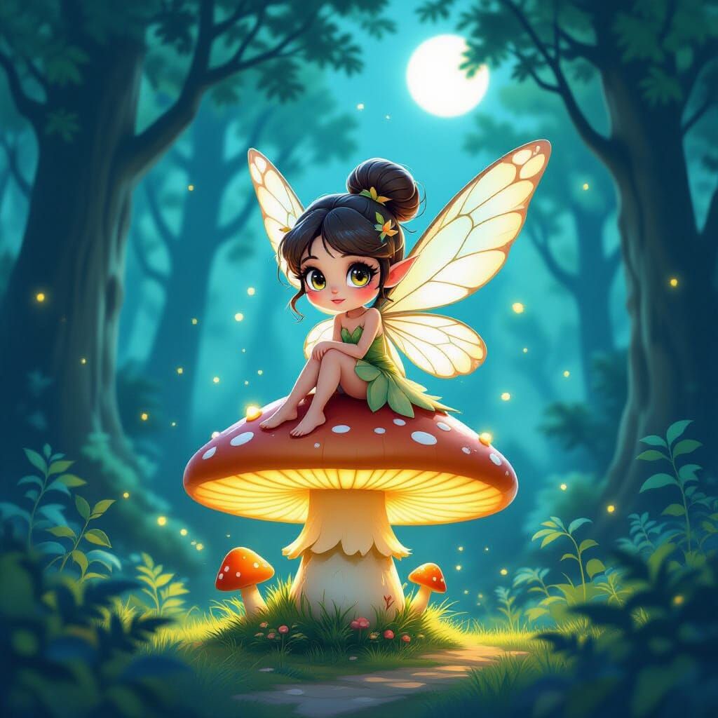 Whimsical Forest Fairy on Glowing Mushroom